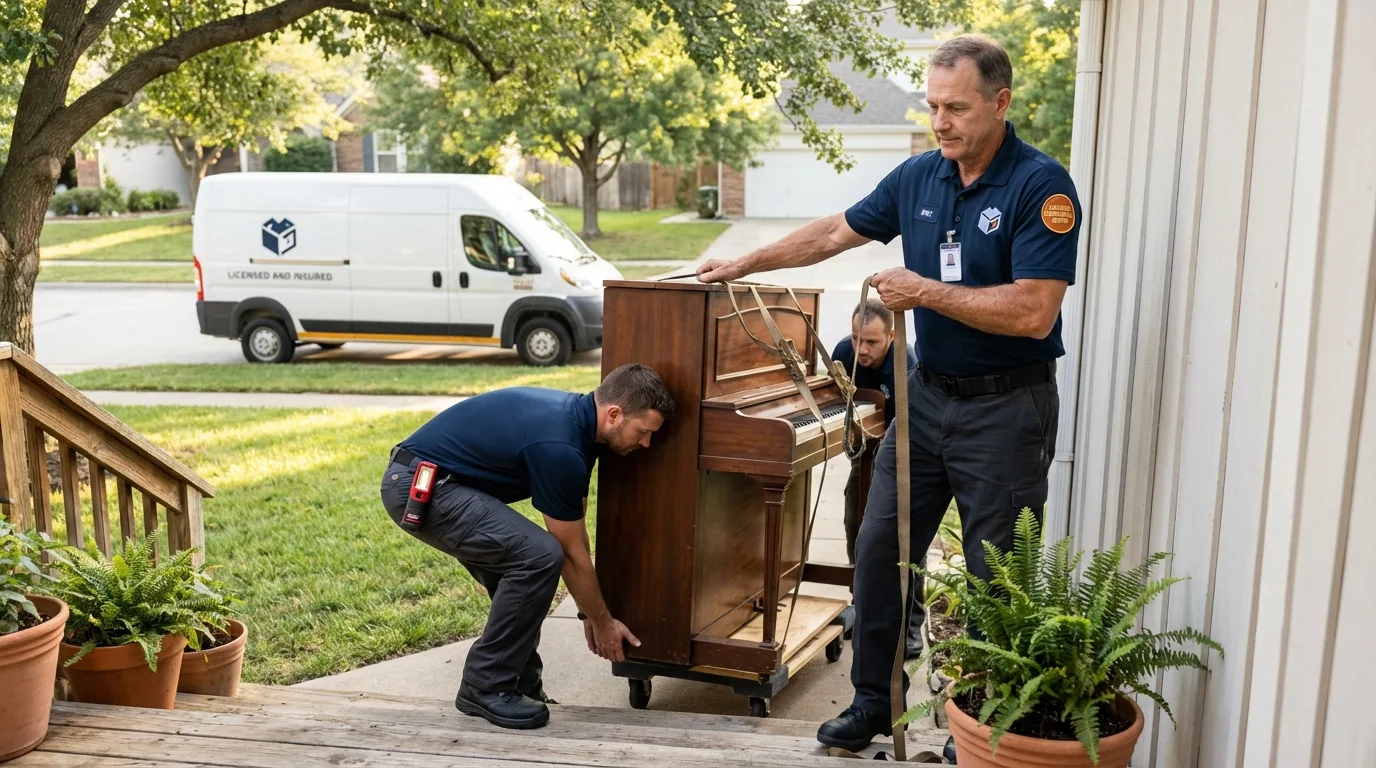 Licensed piano movers securing grand piano in Salix, PA