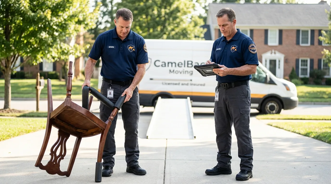 Movers inspecting furniture for damage prevention before loading in Salix, PA